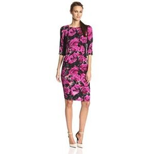Tracy Reese Floral Print Black Pink Sheath Dress 34 Sleeve Women Size 2